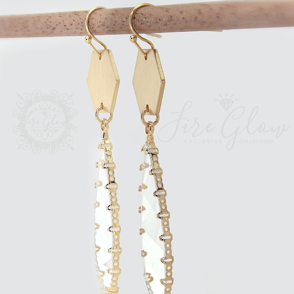Clear Teardrop Gem Brushed Gold Tone Hex Earrings - Picture 2 of 10